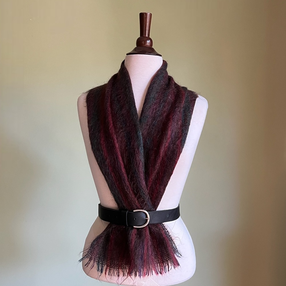 Mohair Knit Scarf, Vintage Striped Winter Shawl Scarf, Soft Wool, Plum Burgundy - Picture 2 of 8